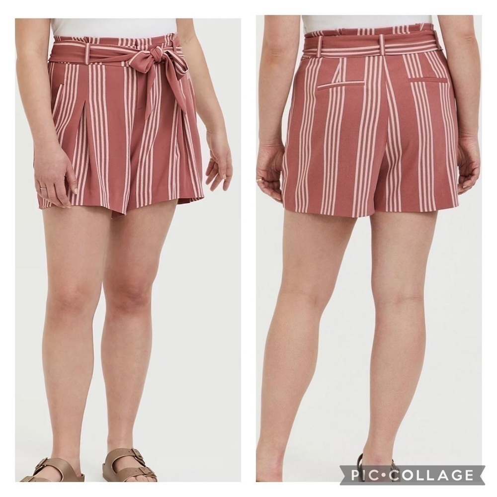 TORRID Women’s Plus STRETCH CREPE TIE FRONT Shorts Mauve Stripe Pleated Size 16